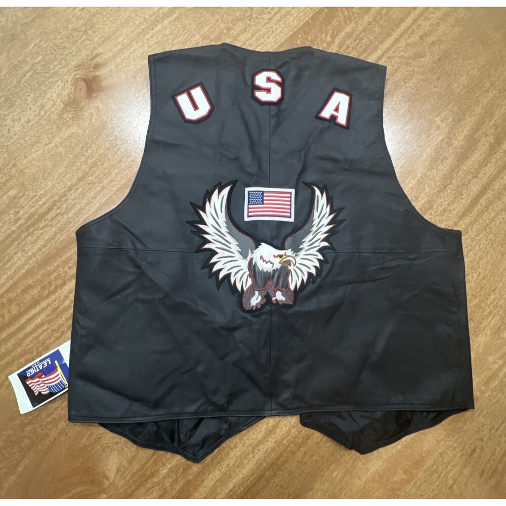 Leather Motorcycle Vest Men’s Eagle USA Flag Patch Logo Inside Pocket Biker 3XL